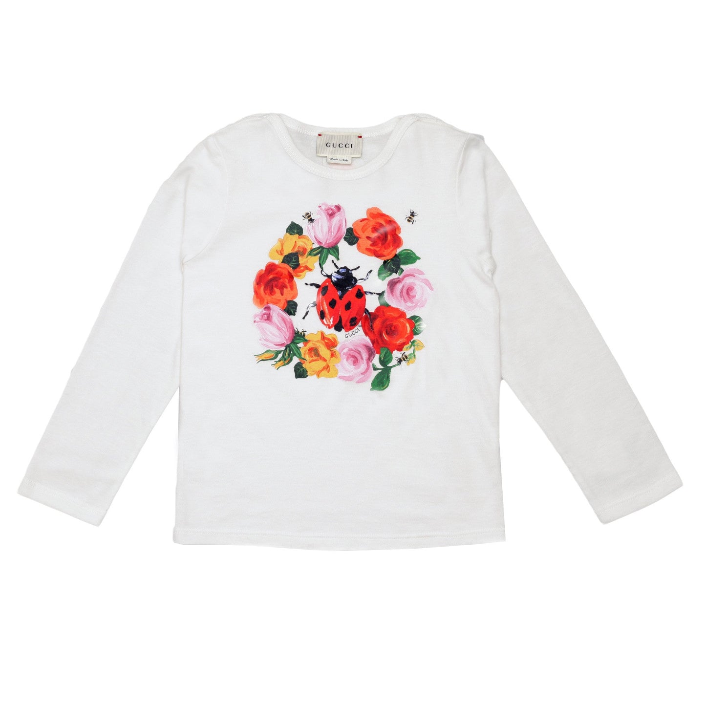 Baby Girls White Cotton T-Shirt With Flower Print Trims