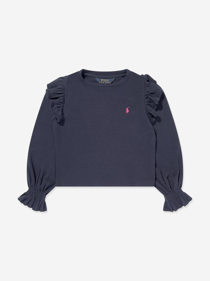 Ralph Lauren Girls Long Sleeve Ruffle T-Shirt in Navy