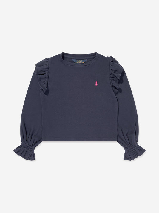 Ralph Lauren Girls Long Sleeve Ruffle T-Shirt in Navy