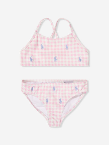 女童粉色格纹徽标比基尼