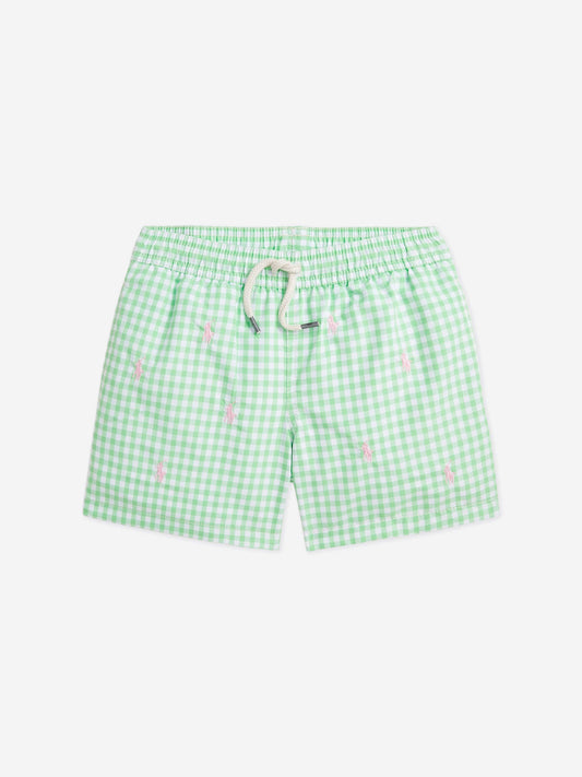 Ralph Lauren 男童绿色格纹徽标泳裤