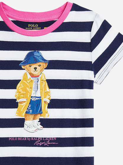 Girls Striped Polo Bear T-Shirt Dress in Navy