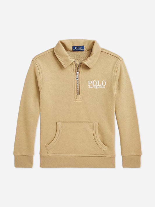 Boys Half Zip Polo Sweatshirt in Beige
