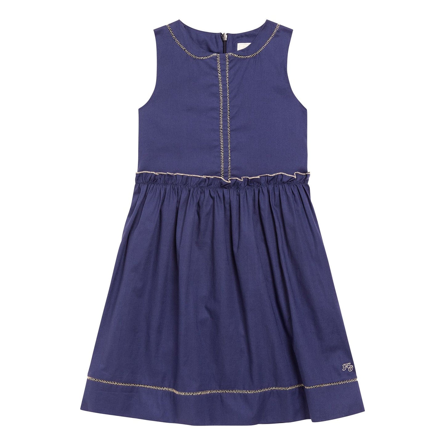 Girls Navy Blue Cotton Knitted Edge Trims Dress