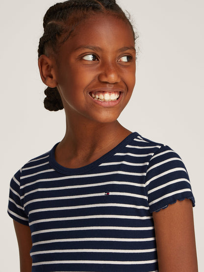 Girls Striped Rib Knit Top in Navy