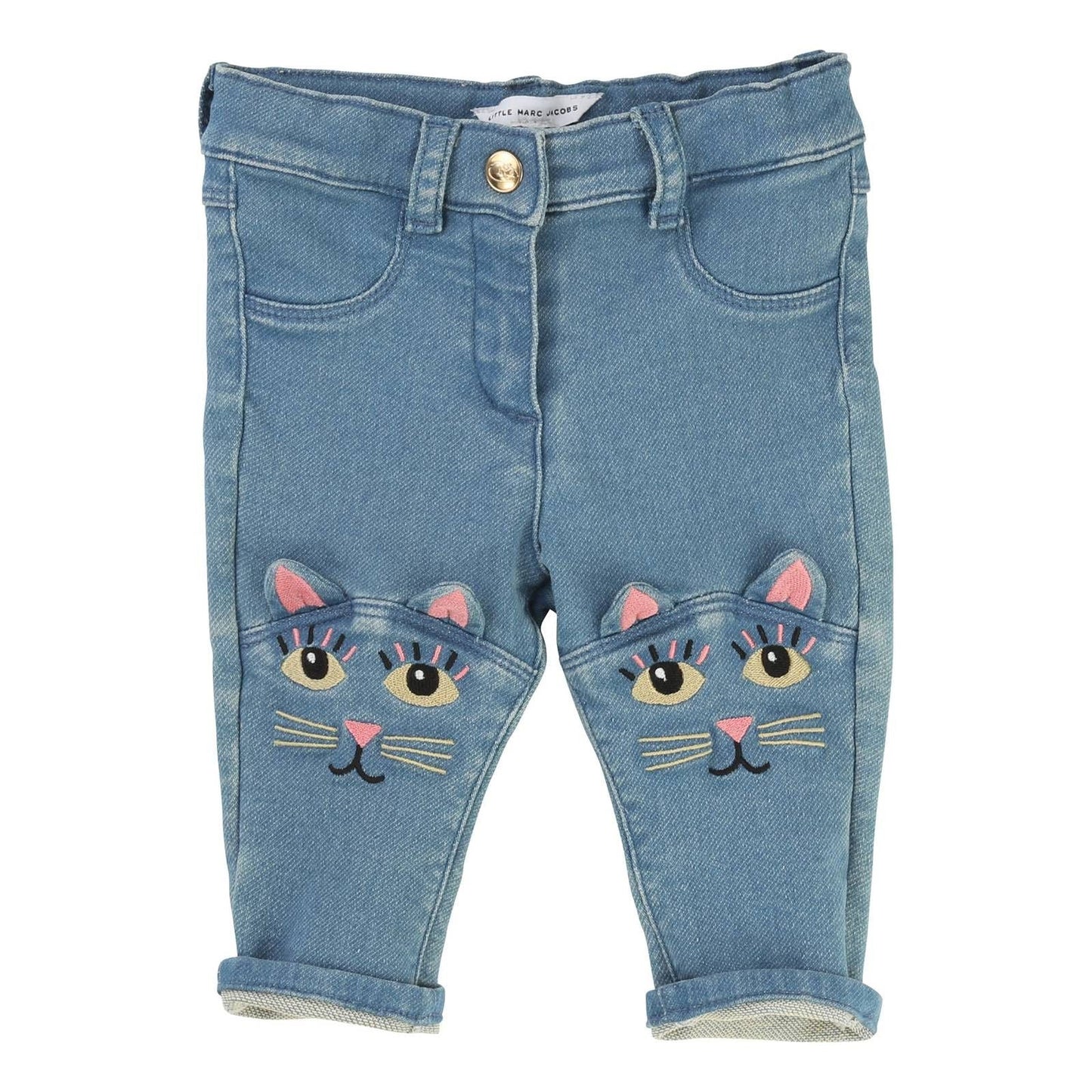Baby Girls Blue Denim Jeans With Embroidered Cat Trims