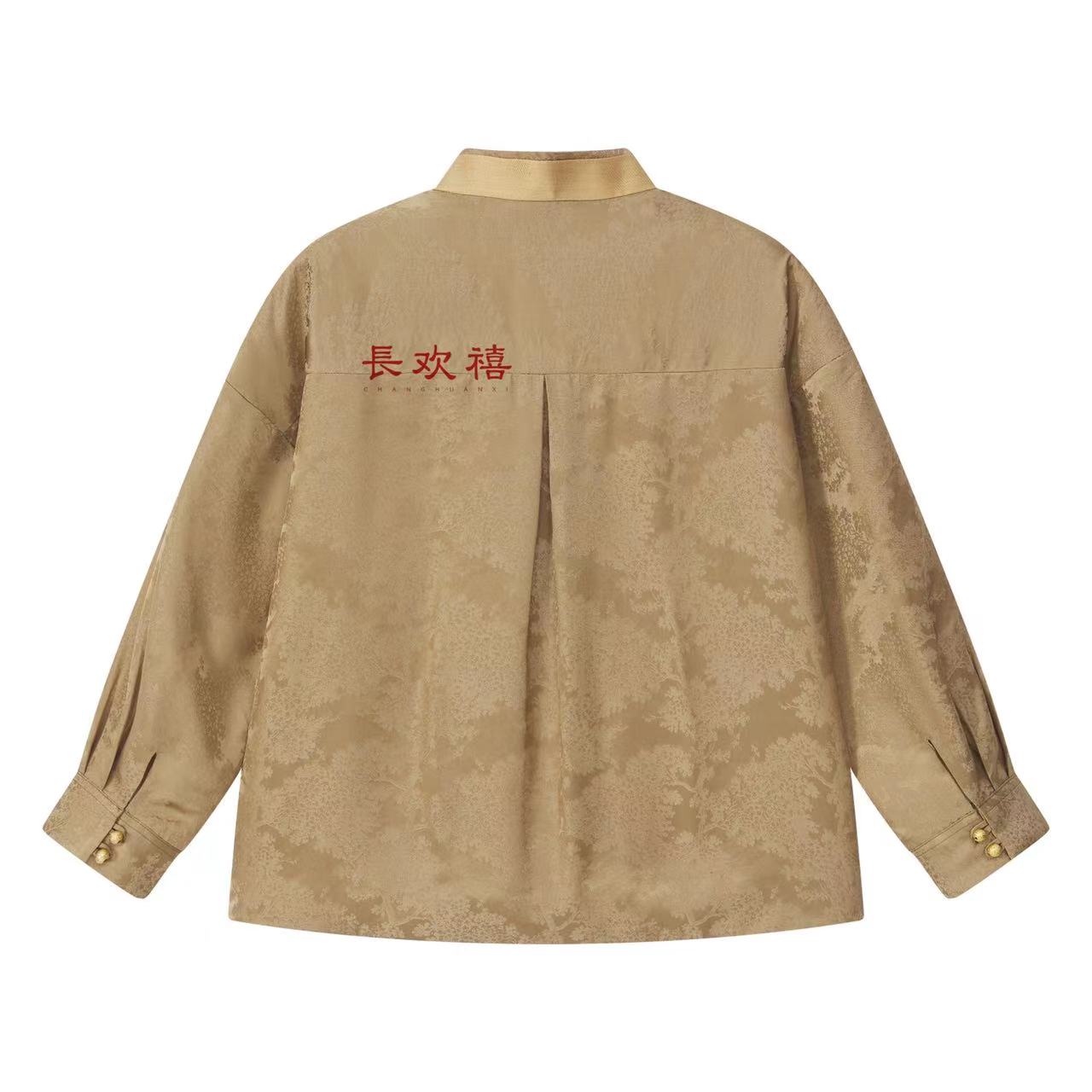 女童卡其色"松"中式提花真丝衬衫