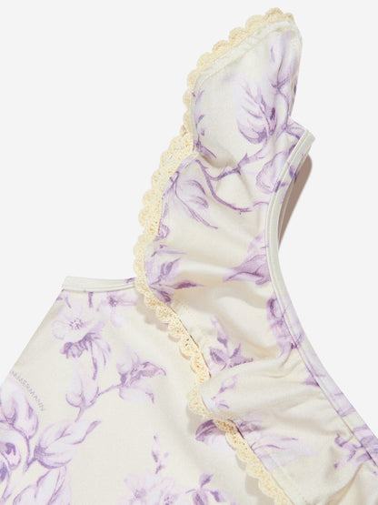 Zimmermann 女童花卉 Halliday 饰边荷叶边泳衣（黄色）