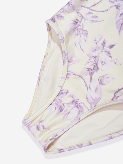 Zimmermann 女童花卉 Halliday 饰边荷叶边泳衣（黄色）