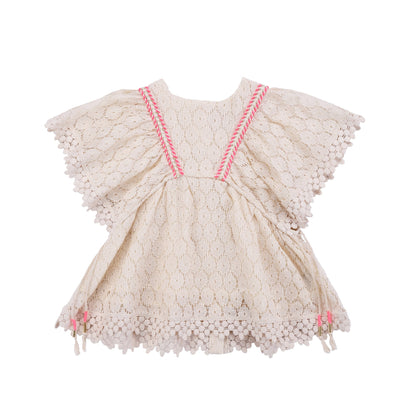 Girls Cream Flower Lace Cotton Dress