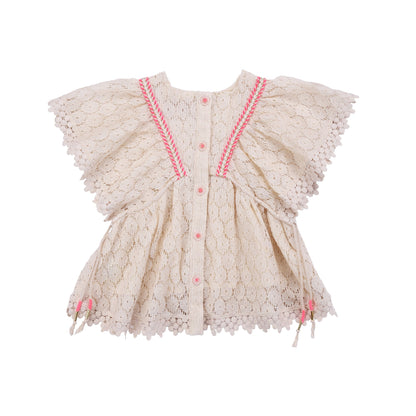 Girls Cream Flower Lace Cotton Dress