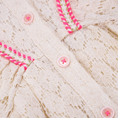Girls Cream Flower Lace Cotton Dress
