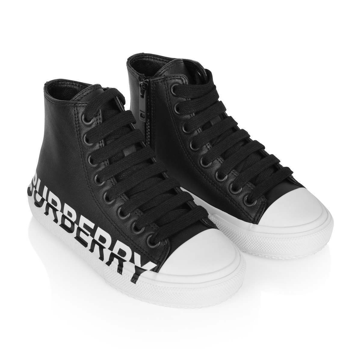 Kids Black Leather High Top Trainers