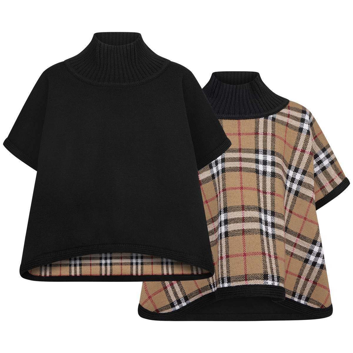 Baby Girls Black & Vintage Check Reversible Wool Poncho