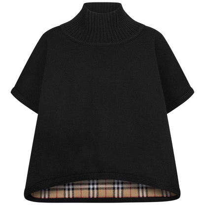 Baby Girls Black & Vintage Check Reversible Wool Poncho