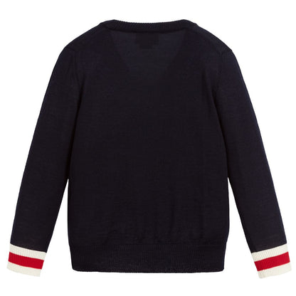 Boys Navy V Neck Wool Cardigan