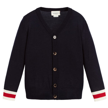 Boys Navy V Neck Wool Cardigan