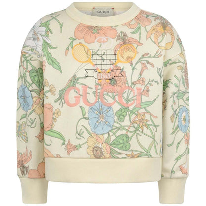 Girls Ivory Cotton Floral Sweater