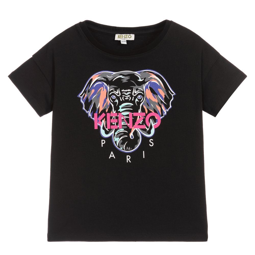 Girls Black Cotton Elephant T-Shirt