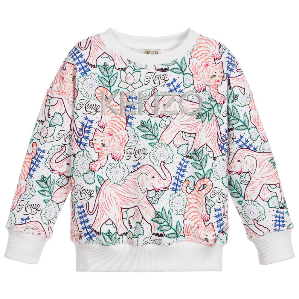 Girls White Cotton Jungle Sweater