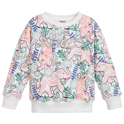 Girls White Cotton Jungle Sweater