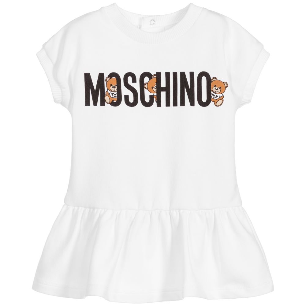 Baby Girls White Cotton Logo Print Dress
