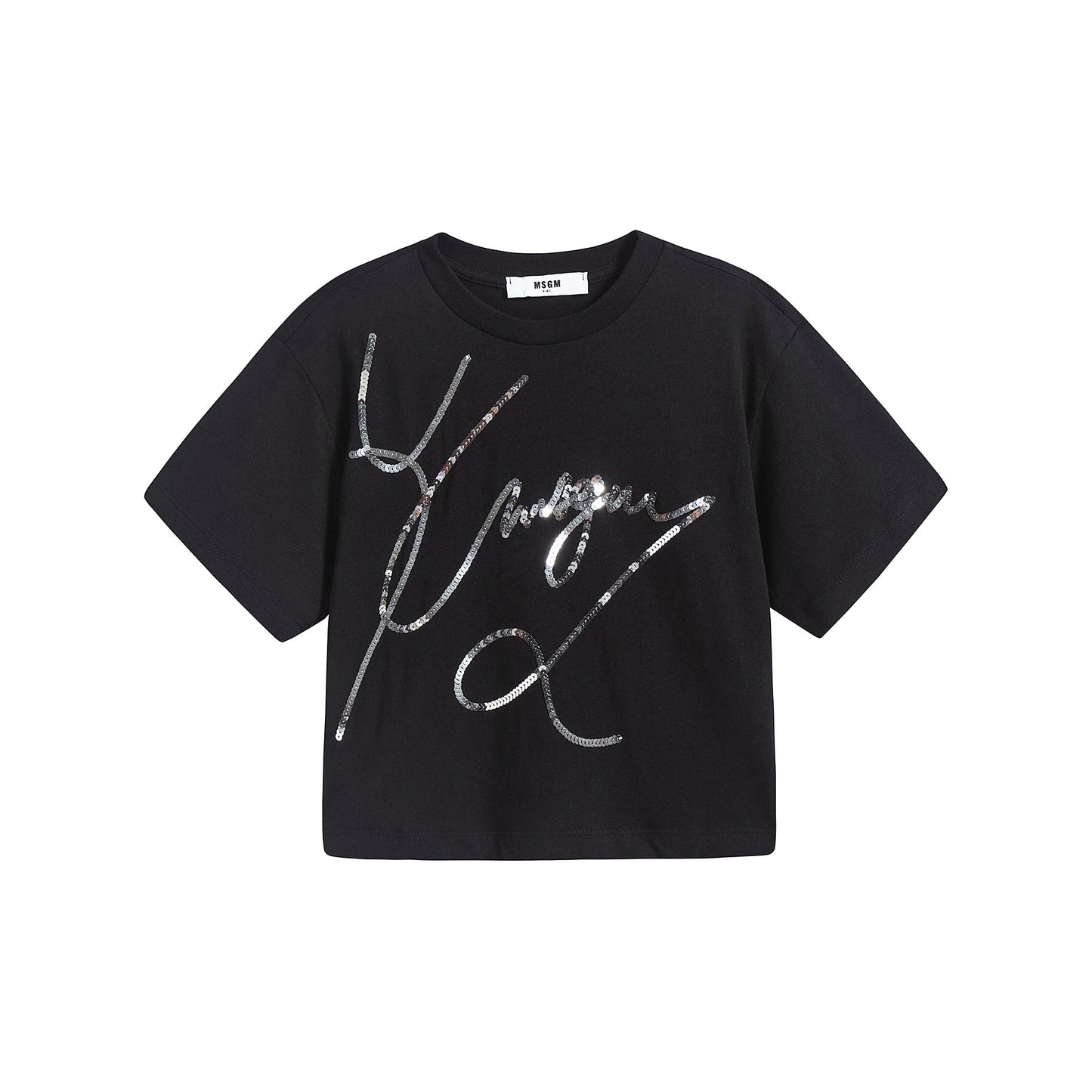 女童黑色闪光Logo棉T恤