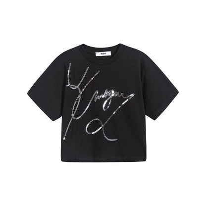 女童黑色闪光Logo棉T恤