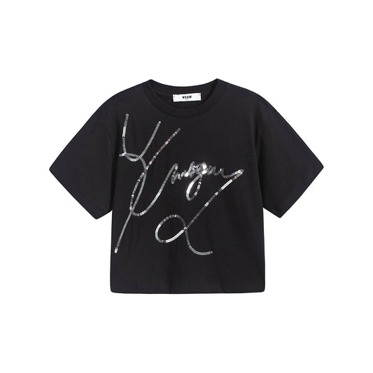女童黑色闪光Logo棉T恤