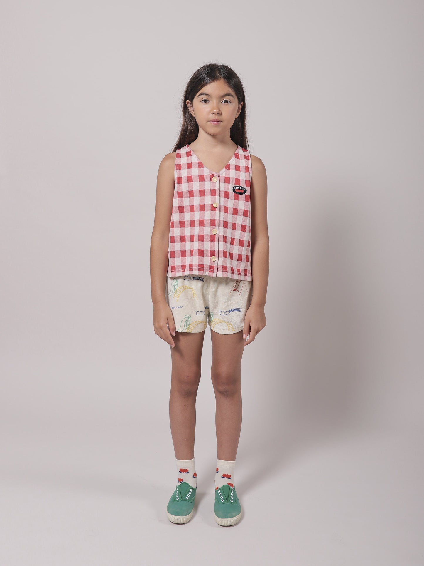 Girls Red Check Button Cotton Top