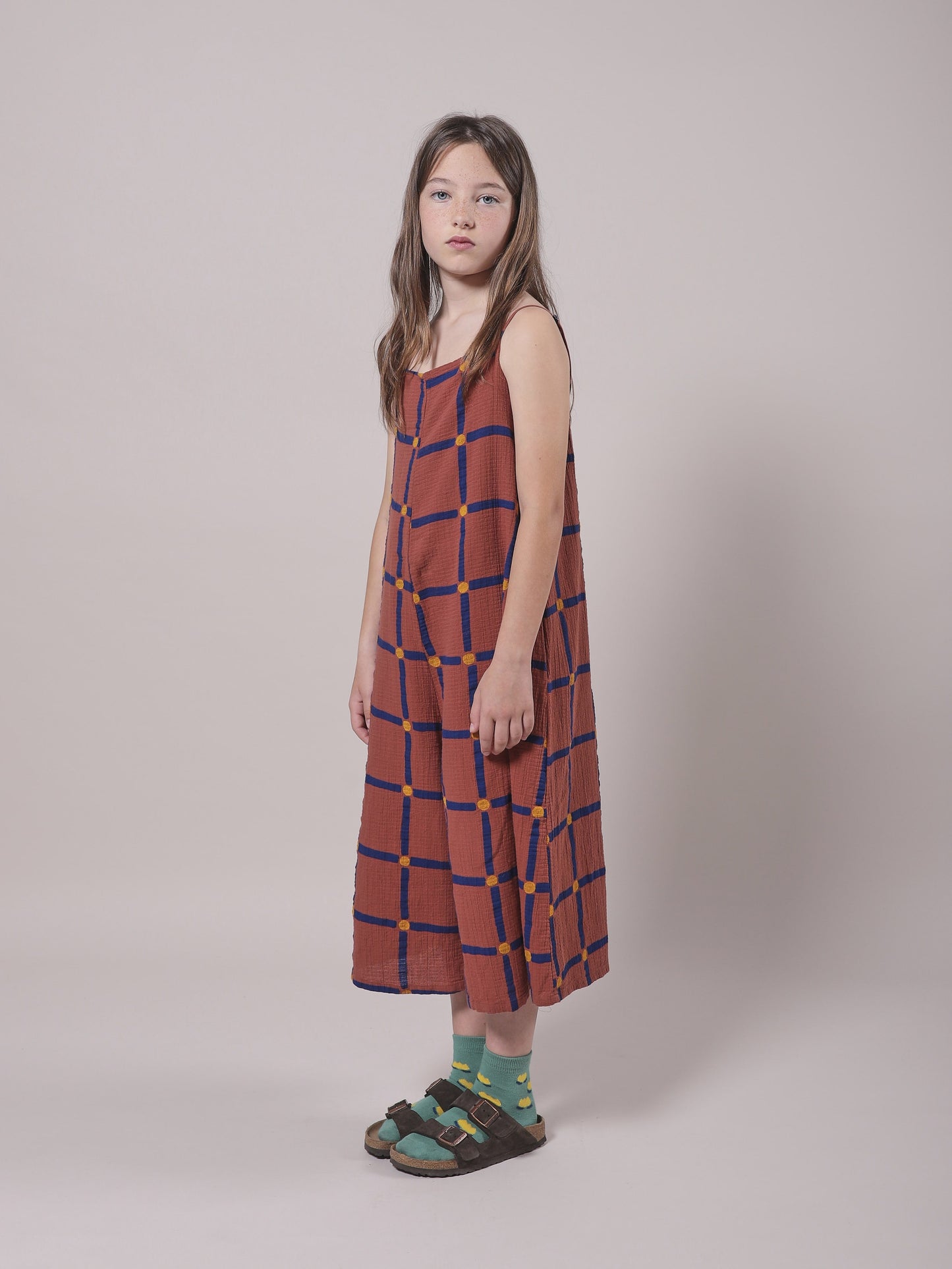 Girls Mauve Check Cotton Jumpsuit