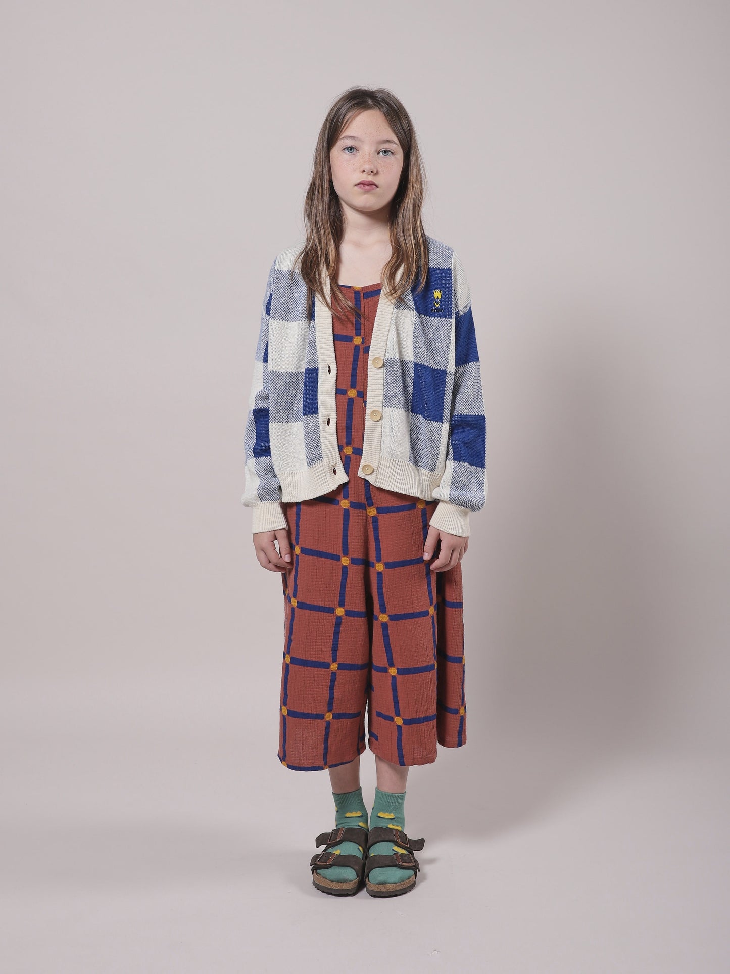 Girls Mauve Check Cotton Jumpsuit