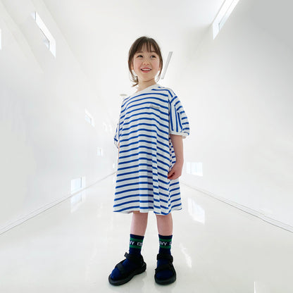 女童蓝色条纹棉连衣裙