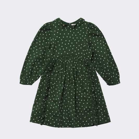 女童绿色圆点棉连衣裙