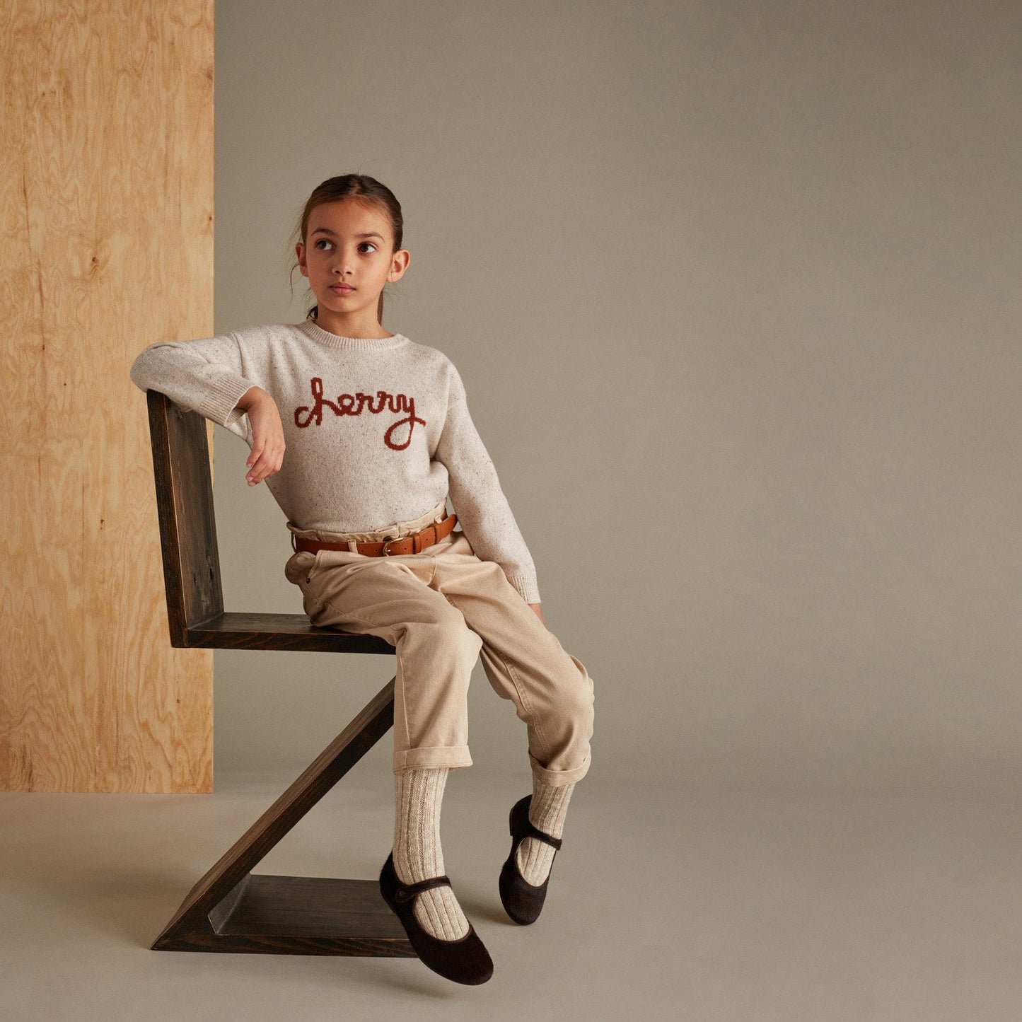 女童米色Logo羊毛毛衣