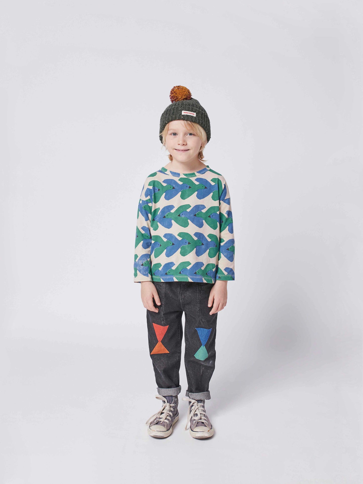 儿童米色小鸟印花T恤