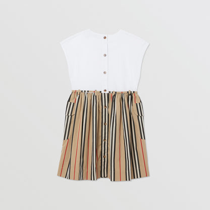 Girls White & Archive Beige Cotton Dress
