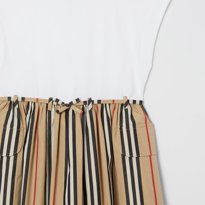 Girls White & Archive Beige Cotton Dress