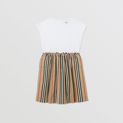 Girls White & Archive Beige Cotton Dress