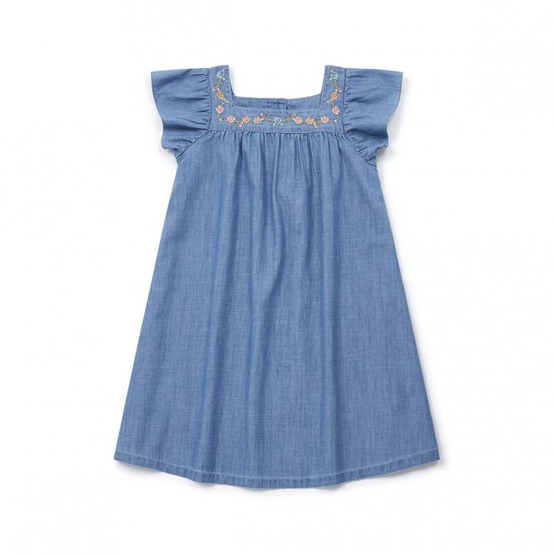 Girls Blue Embroidery Cotton Dress
