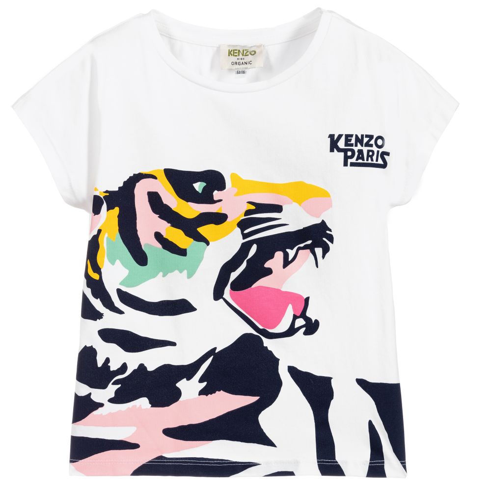Girls Optic White Tiger Cotton T-Shirt
