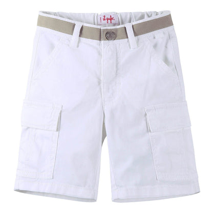 Boys White Cotton Bermuda Shorts With Patch Pockets