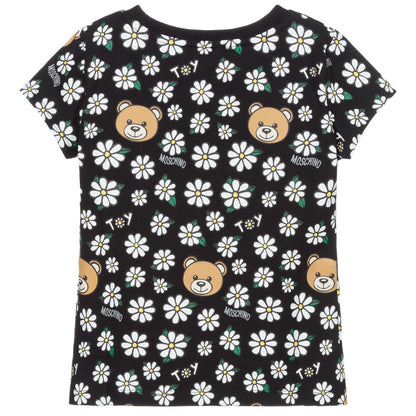 Girls Black Print Cotton T-Shirt