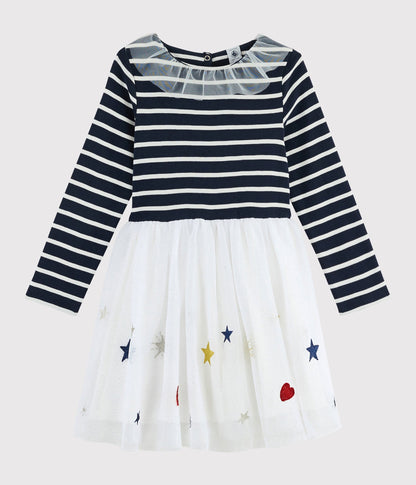 Girls Black & White Stripe Tulle Cotton Dress