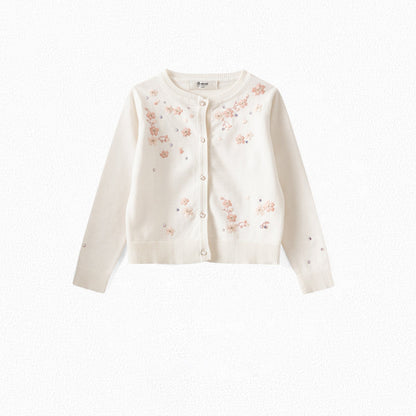 Girls White Embroidered Cotton Cardigan