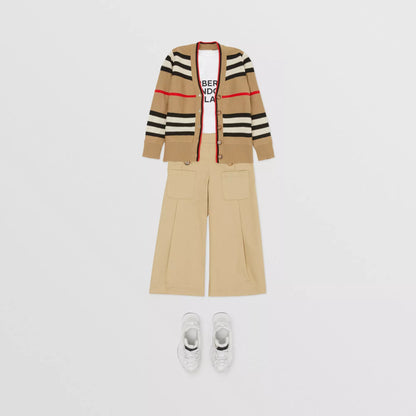 女童米色条纹羊毛开衫