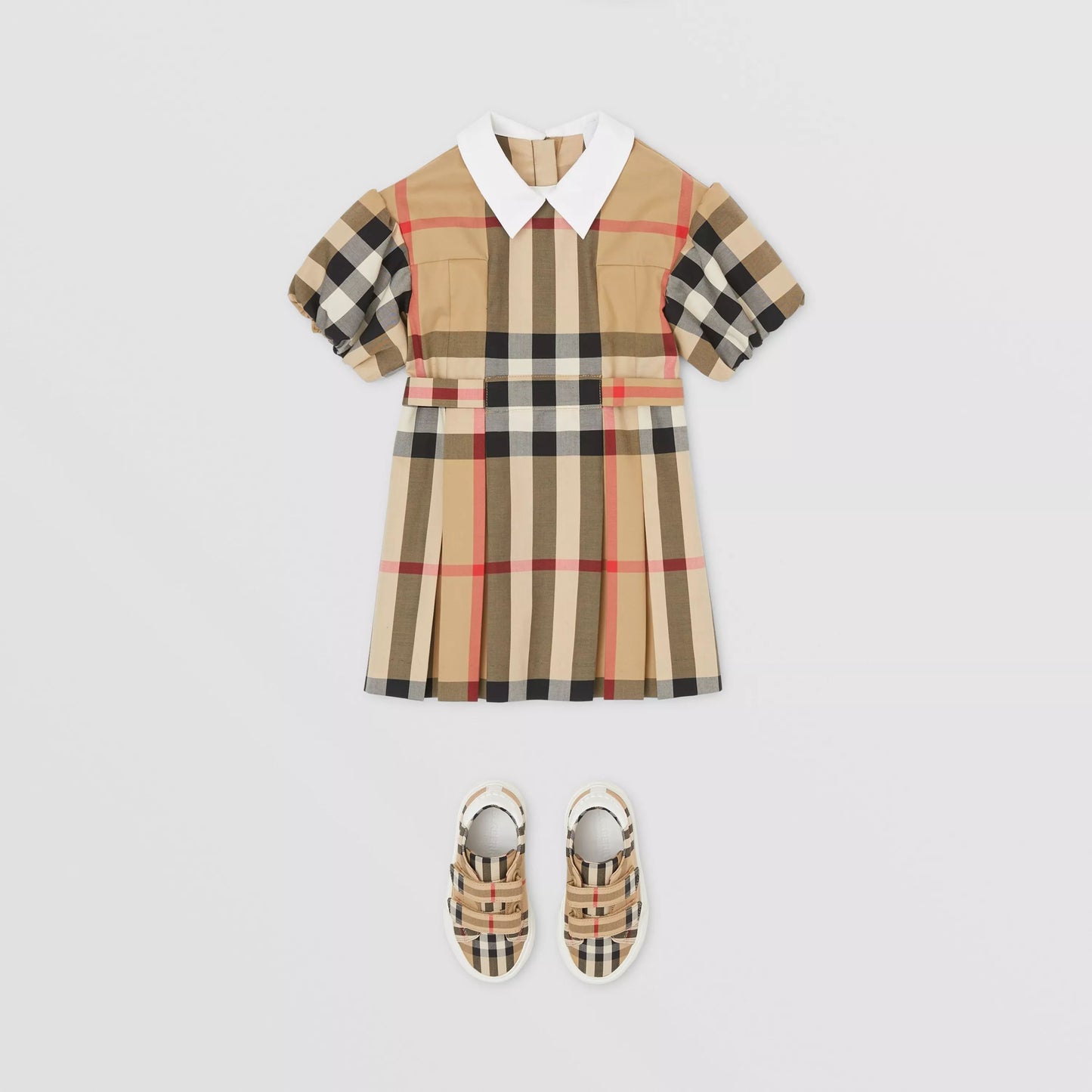 女婴米色格子棉连衣裙