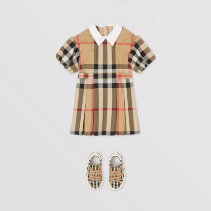 女婴米色格子棉连衣裙