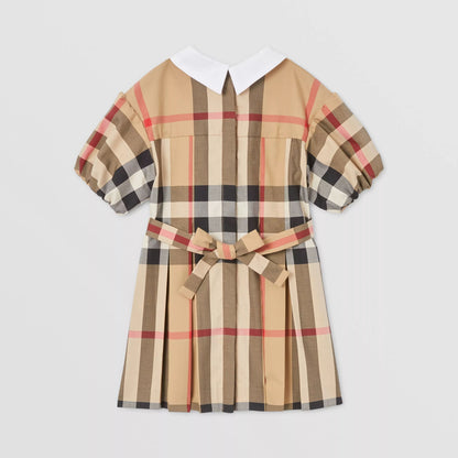 女婴米色格子棉连衣裙