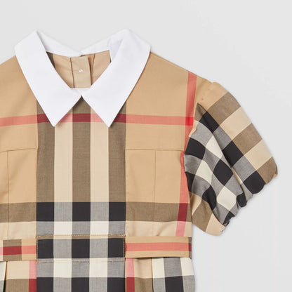 女婴米色格子棉连衣裙